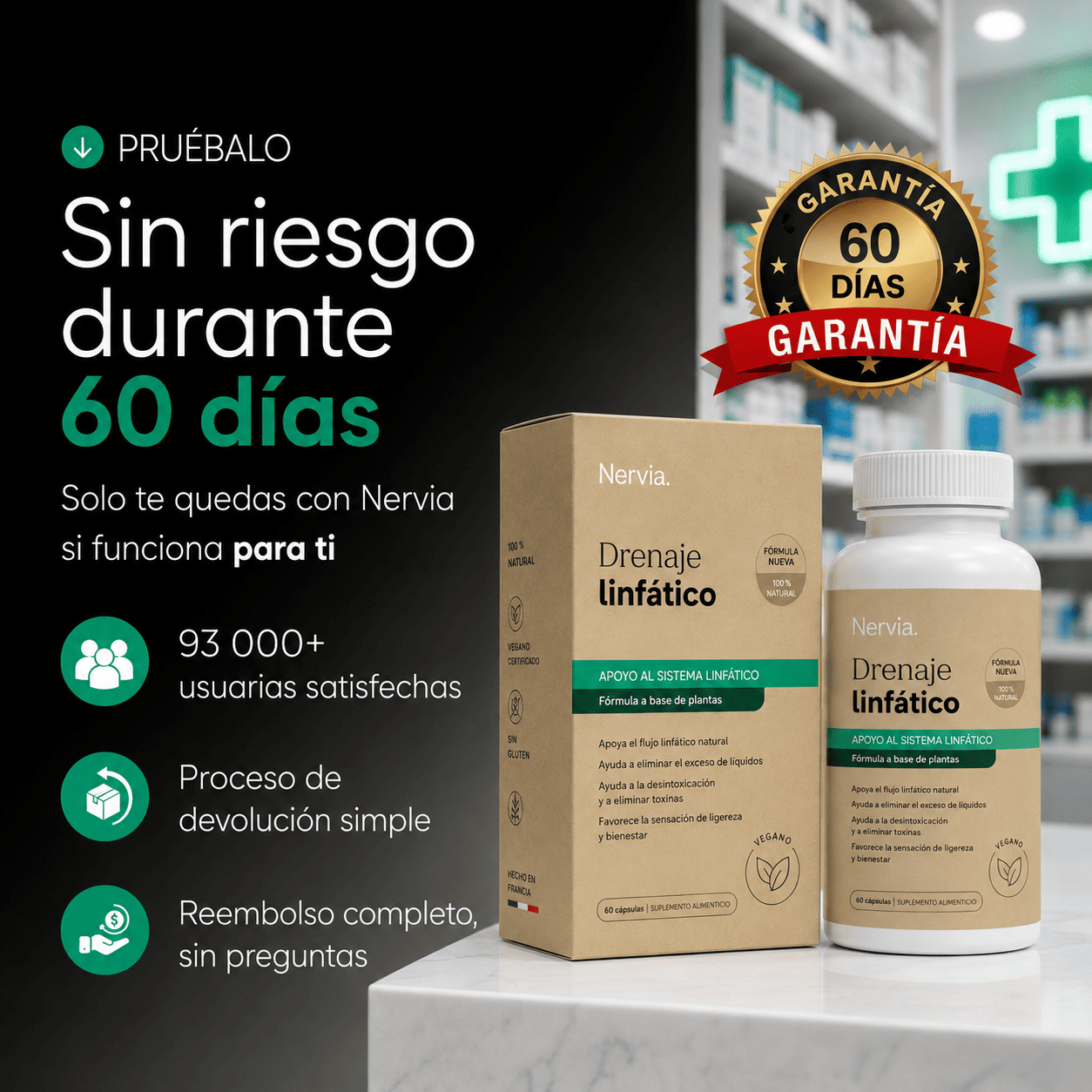 Nervia™ — Cápsulas de Drenaje Linfático · Transformación total en 60 días
