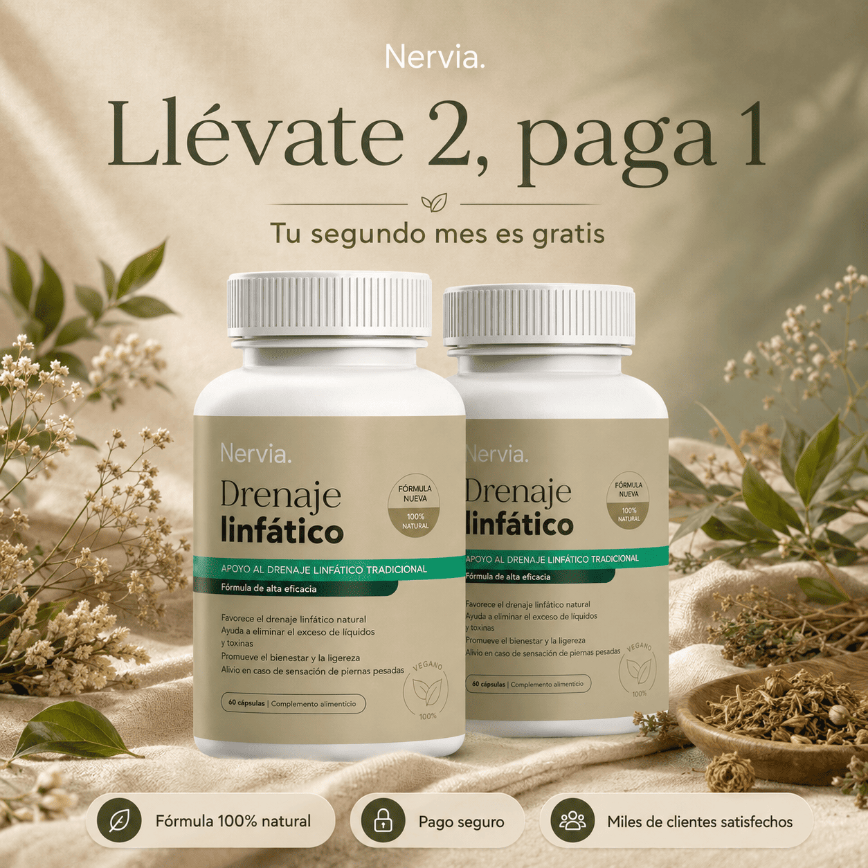 Nervia™ — Cápsulas de Drenaje Linfático · Transformación total en 60 días