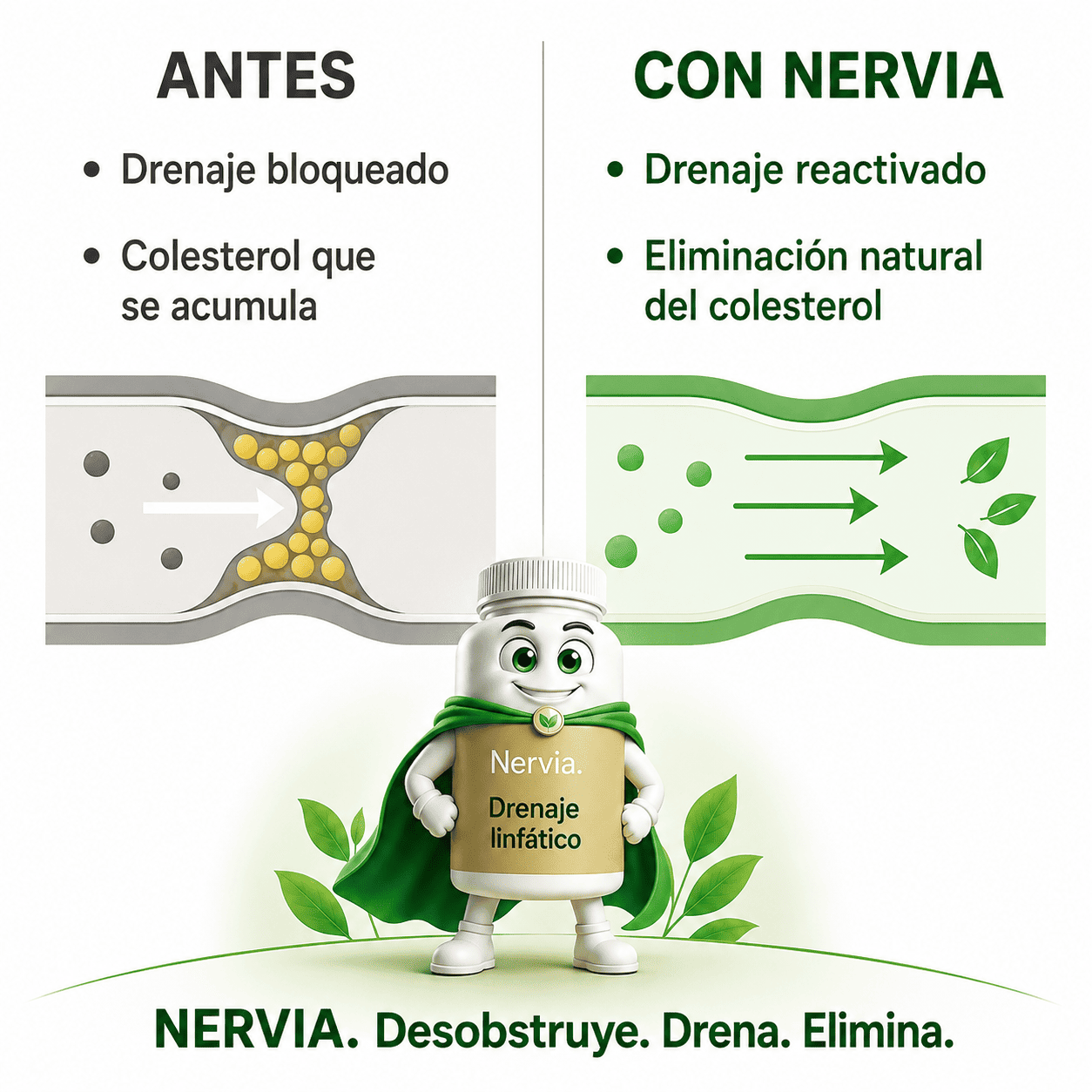 Nervia™ — Cápsulas de Drenaje Linfático · Transformación total en 60 días